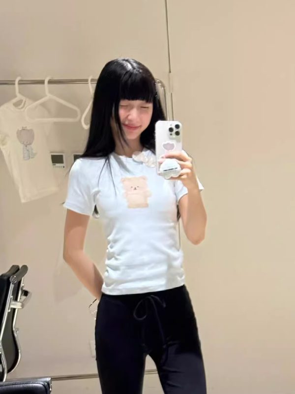 Cute Bear Print Short Fitted Slim Pure Cotton High-Stretch Short Sleeve T-Shirt - 25SS Korean Style Fashion