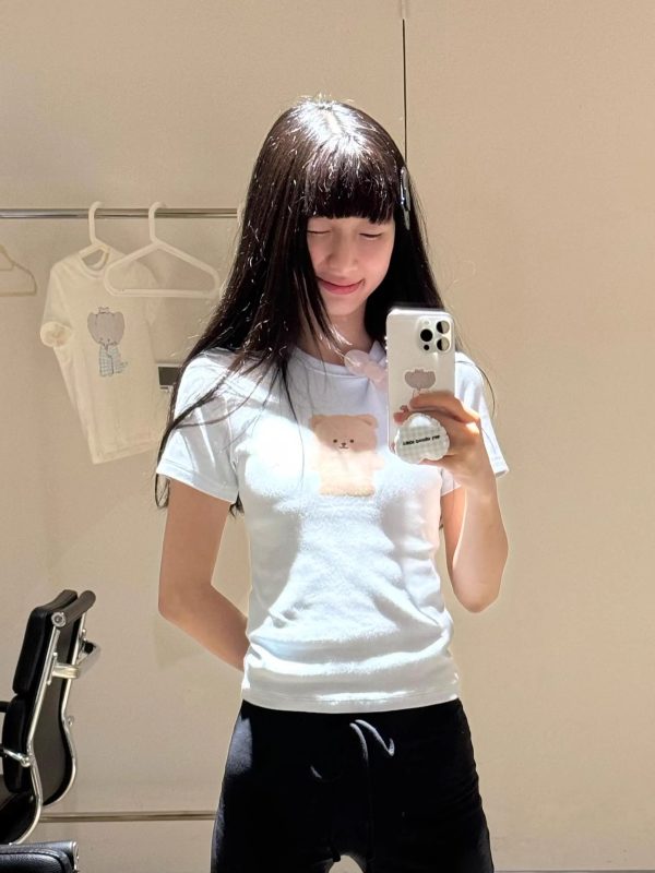 Cute Bear Print Short Fitted Slim Pure Cotton High-Stretch Short Sleeve T-Shirt - 25SS Korean Style Fashion