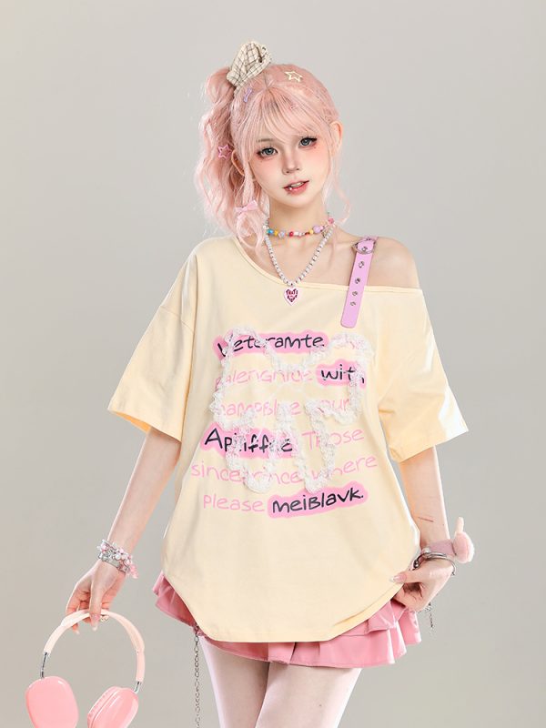 Cute Bow Half-Shoulder Short Sleeve T-Shirt for Women - Summer Loose Off-Shoulder Top, Age-Reducing, Trendy Y2K Style