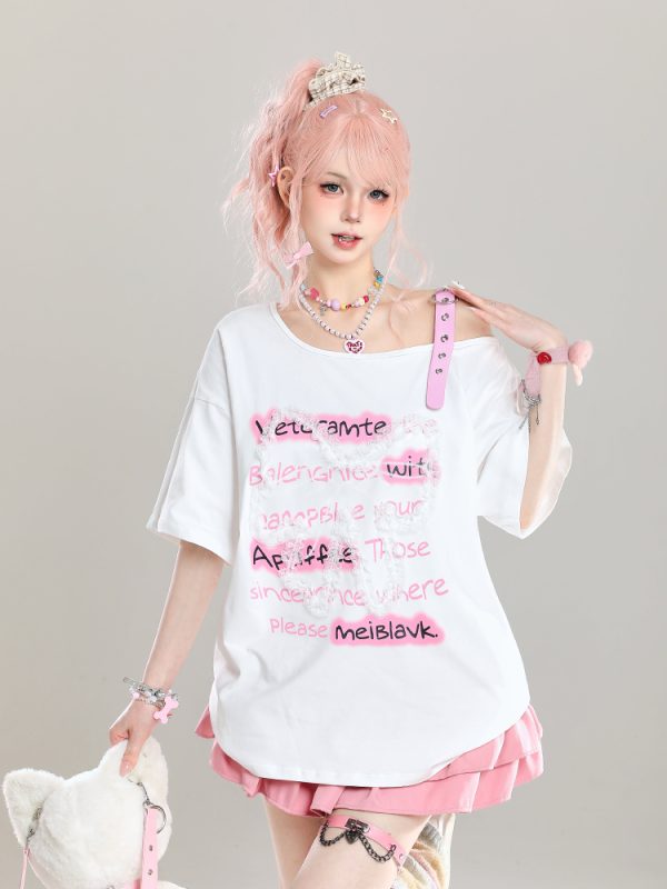 Cute Bow Half-Shoulder Short Sleeve T-Shirt for Women - Summer Loose Off-Shoulder Top, Age-Reducing, Trendy Y2K Style