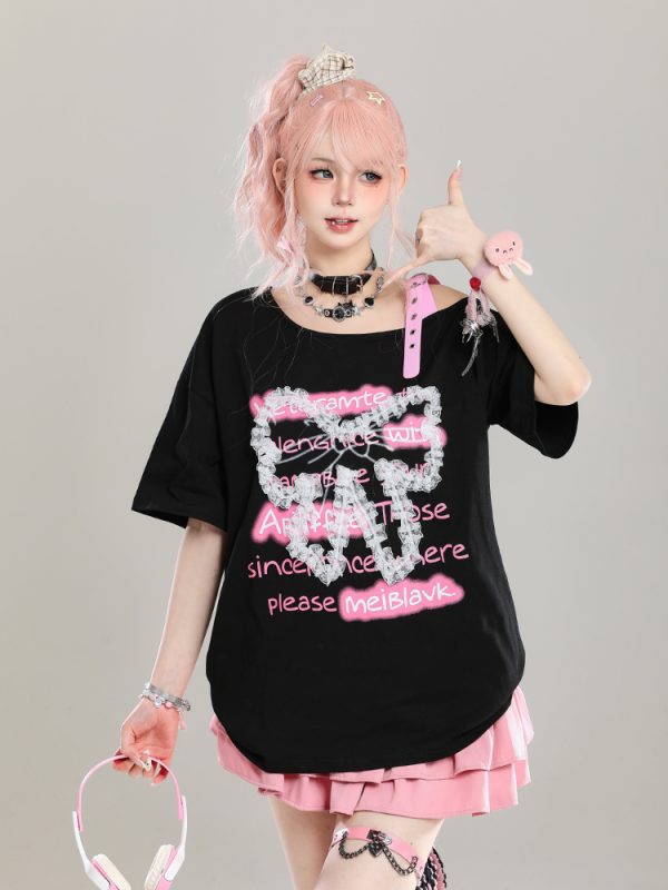 Cute Bow Half-Shoulder Short Sleeve T-Shirt for Women - Summer Loose Off-Shoulder Top, Age-Reducing, Trendy Y2K Style