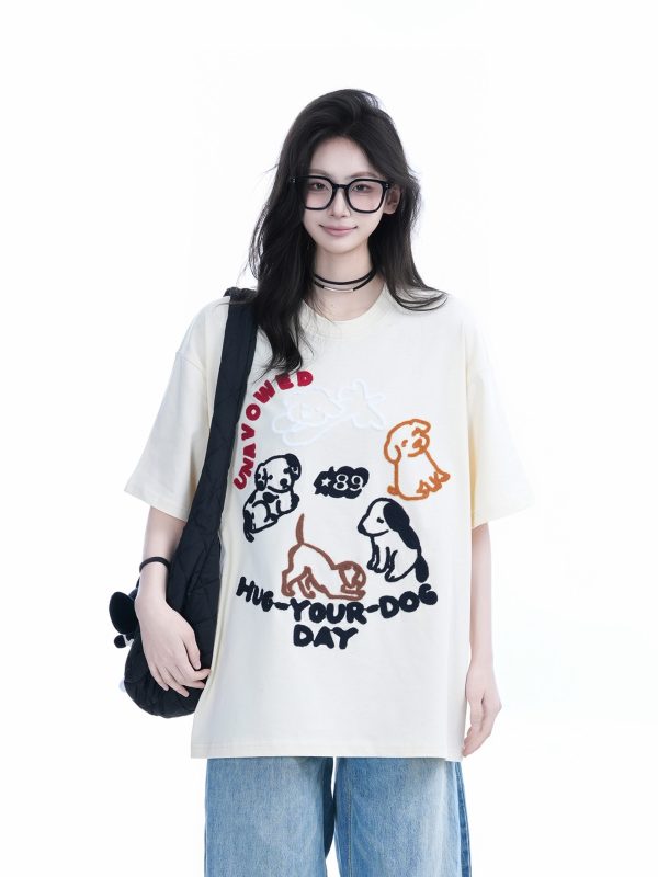 Cute Cartoon Dog Embroidered Short-Sleeve T-Shirt for Women - Summer Loose Pure Cotton Tee, Trendy 90s Style