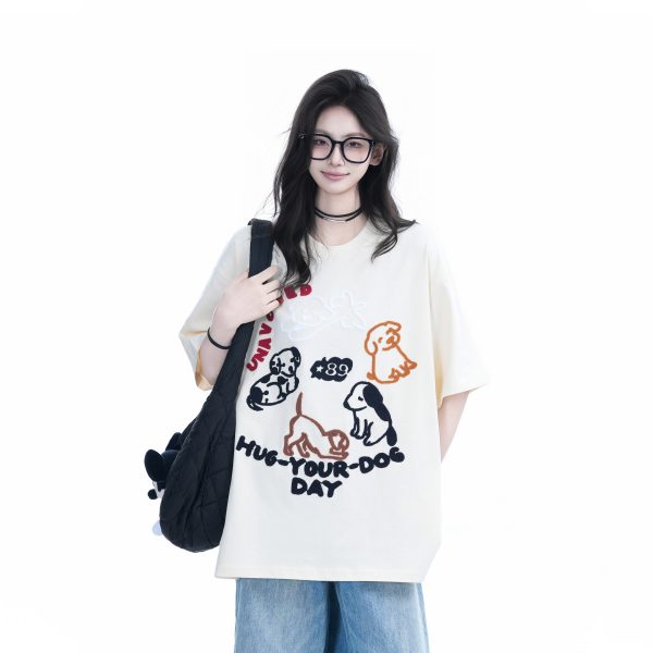 Cute Cartoon Dog Embroidered Short-Sleeve T-Shirt for Women - Summer Loose Pure Cotton Tee, Trendy 90s Style