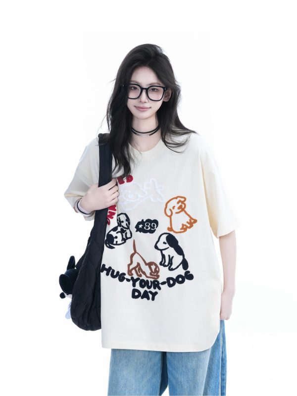 Cute Cartoon Dog Embroidered Short-Sleeve T-Shirt for Women - Summer Loose Pure Cotton Tee, Trendy 90s Style