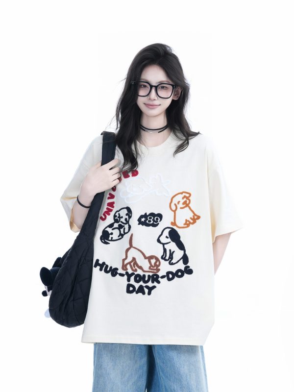 Cute Cartoon Dog Embroidered Short-Sleeve T-Shirt for Women - Summer Loose Pure Cotton Tee, Trendy 90s Style