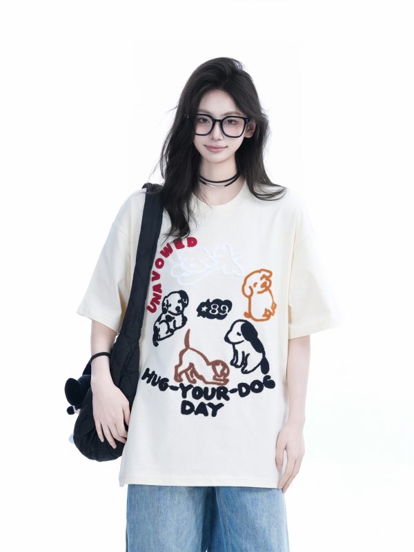 Cute Cartoon Dog Embroidered Short-Sleeve T-Shirt for Women - Summer Loose Pure Cotton Tee, Trendy 90s Style