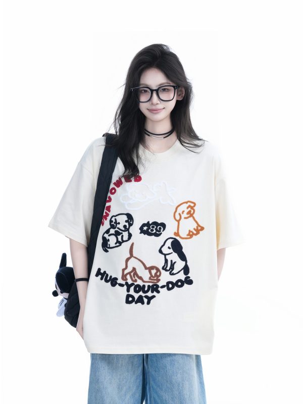Cute Cartoon Dog Embroidered Short-Sleeve T-Shirt for Women - Summer Loose Pure Cotton Tee, Trendy 90s Style