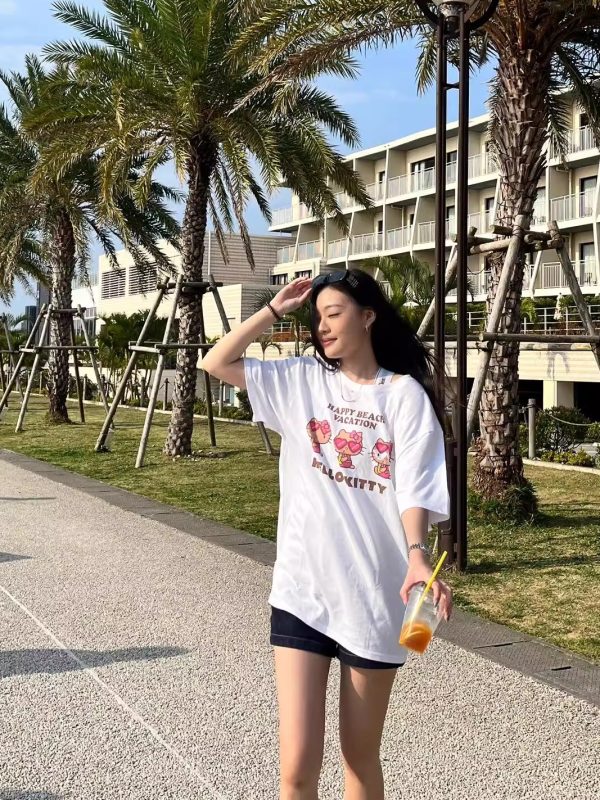 Cute Cartoon Kitty Print Summer Loose Short-Sleeve T-Shirt - Korean Style Casual Cotton Top for Comfort and Versatility