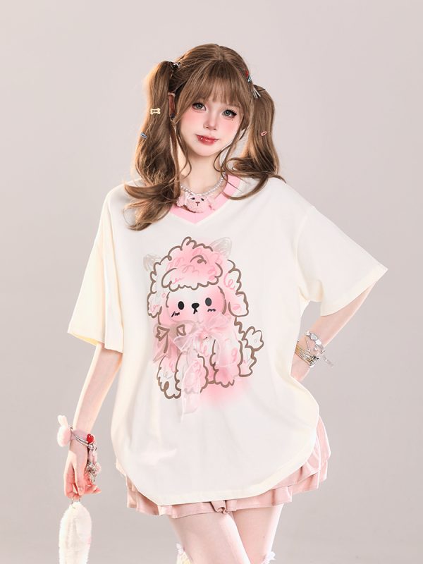 Cute Cartoon Printed Little Sheep V-Neck Short Sleeve T-Shirt for Girls - 2025 Summer Casual Loose Fit