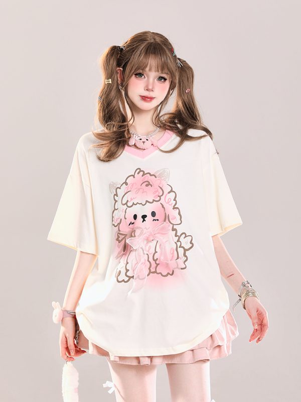 Cute Cartoon Printed Little Sheep V-Neck Short Sleeve T-Shirt for Girls - 2025 Summer Casual Loose Fit