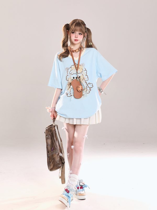 Cute Cartoon Printed Little Sheep V-Neck Short Sleeve T-Shirt for Girls - 2025 Summer Casual Loose Fit