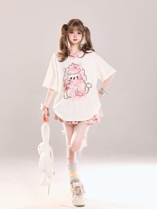 Cute Cartoon Printed Little Sheep V-Neck Short Sleeve T-Shirt for Girls - 2025 Summer Casual Loose Fit