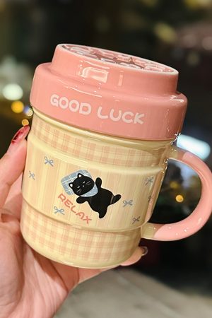 Cute Ceramic Water Cup with Lid, Girly Heart Mug for Iced Americano & Breakfast Milk, Ideal for Coffee Lovers