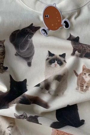 Cute Everyday Outfits, Outfit Inspo Casual Cat Print Aesthetic T-Shirt