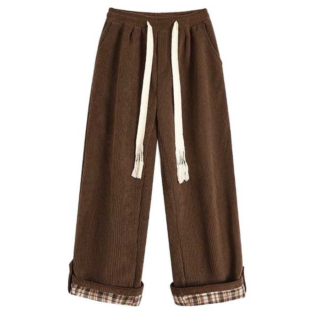 Cute Everyday Outfits, Outfit Inspo Casual Cord Wide-Leg Pants with Plaid Cuffs