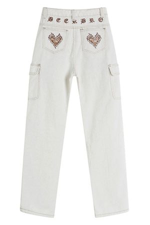 Cute Everyday Outfits, Outfit Inspo Casual Heart Embroidery Cargo Jeans