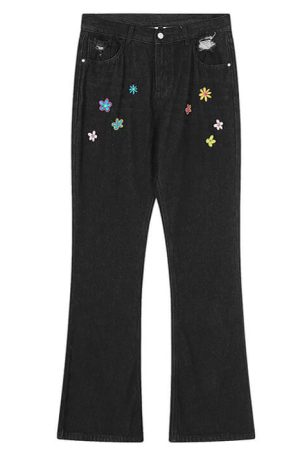 Cute Everyday Outfits, Outfit Inspo Casual Indie Aesthetic Flower Embroidery Jeans