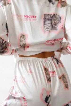 Cute Everyday Outfits, Outfit Inspo Casual Kitty Satin Pajama Set