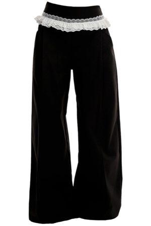 Cute Everyday Outfits, Outfit Inspo Casual Lace Trim Waist Wide-Leg Trousers