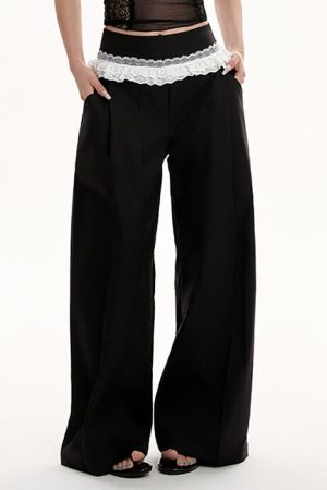Cute Everyday Outfits, Outfit Inspo Casual Lace Trim Waist Wide-Leg Trousers