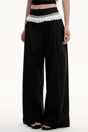 Cute Everyday Outfits, Outfit Inspo Casual Lace Trim Waist Wide-Leg Trousers
