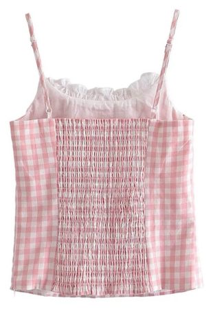 Cute Everyday Outfits, Outfit Inspo Casual Pink Gingham Lace Trim Cami Top