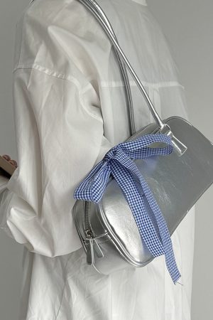 Cute Everyday Outfits, Outfit Inspo Casual Silver Shoulder Bag with Gingham Bow