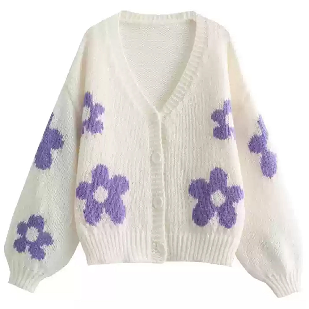 Cute Everyday Outfits, Outfit Inspo Casual White Knit Cardigan with Purple Flower