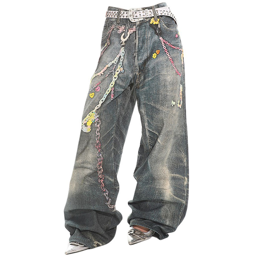 Cute Everyday Outfits, Outfit Inspo Casual Y2K Printed Chain & Charm Baggy Jeans