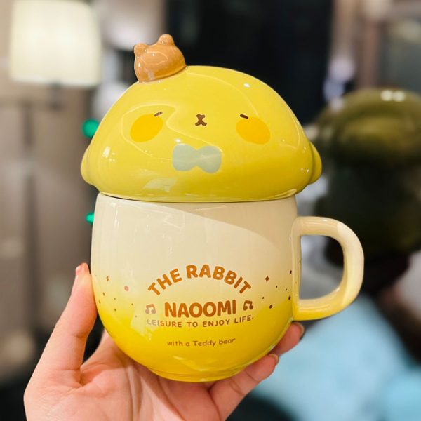 Cute Fufu Dog Ceramic Mug with Lid and Spoon - Influencer-Style Couple Water Cup for Breakfast or Coffee with Straw