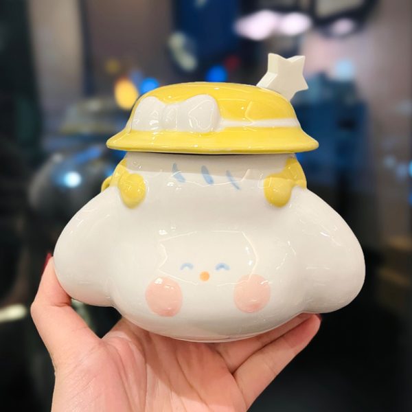 Cute Fufu Dog Ceramic Mug with Lid and Spoon - Influencer-Style Couple Water Cup for Breakfast or Coffee with Straw