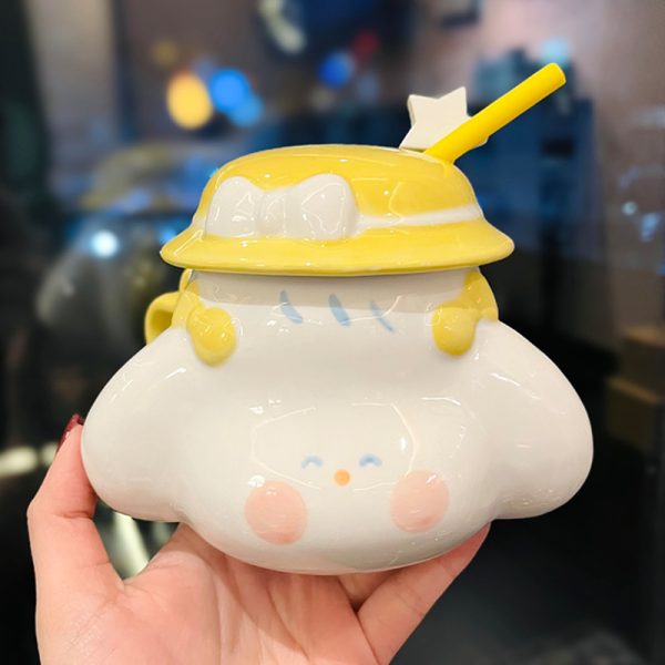 Cute Fufu Dog Ceramic Mug with Lid and Spoon - Influencer-Style Couple Water Cup for Breakfast or Coffee with Straw