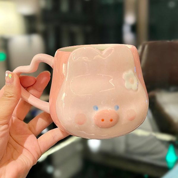 Cute Fufu Dog Ceramic Mug with Lid and Spoon - Influencer-Style Couple Water Cup for Breakfast or Coffee with Straw