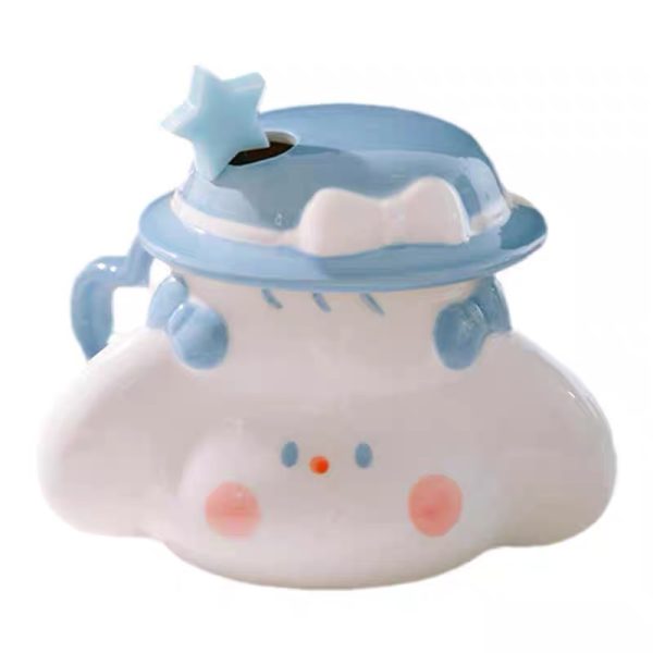 Cute Fufu Dog Ceramic Mug with Lid and Spoon - Influencer-Style Couple Water Cup for Breakfast or Coffee with Straw