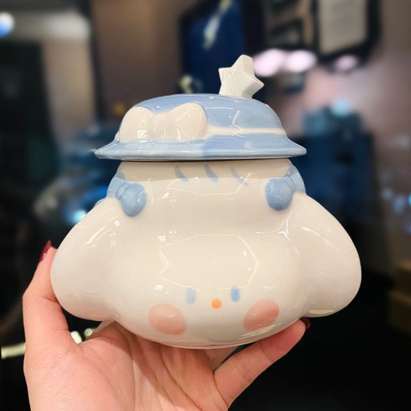 Cute Fufu Dog Ceramic Mug with Lid and Spoon - Influencer-Style Couple Water Cup for Breakfast or Coffee with Straw