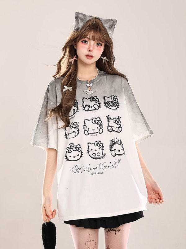 Cute Hello Kitty Cat Short-Sleeve T-Shirt for Women, Casual Summer 2025 Loose Fit, Trendy American Style