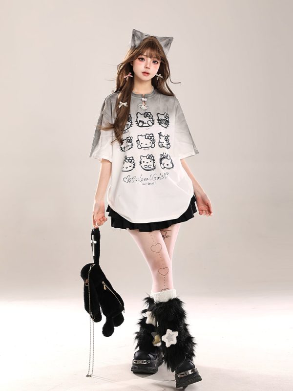 Cute Hello Kitty Cat Short-Sleeve T-Shirt for Women, Casual Summer 2025 Loose Fit, Trendy American Style