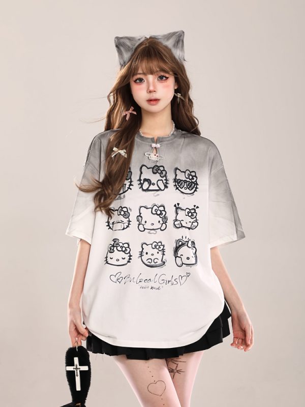 Cute Hello Kitty Cat Short-Sleeve T-Shirt for Women, Casual Summer 2025 Loose Fit, Trendy American Style
