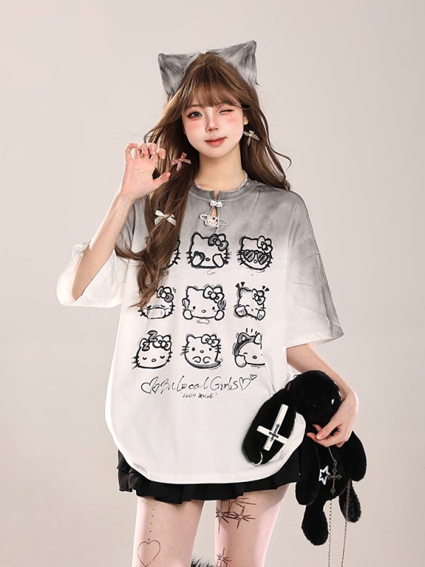 Cute Hello Kitty Cat Short-Sleeve T-Shirt for Women, Casual Summer 2025 Loose Fit, Trendy American Style