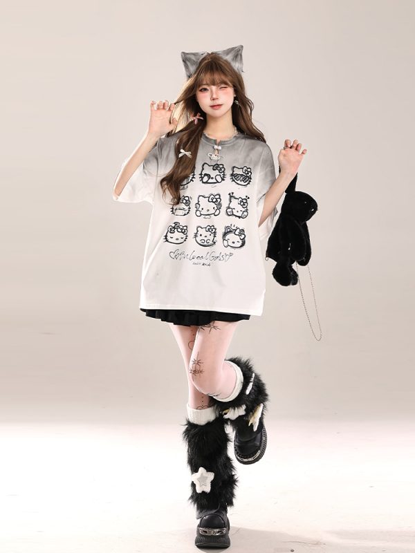 Cute Hello Kitty Cat Short-Sleeve T-Shirt for Women, Casual Summer 2025 Loose Fit, Trendy American Style