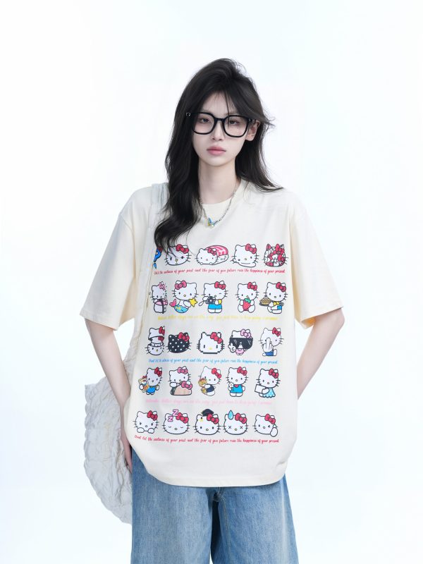 Cute Kitty Cat Graphic Black Short Sleeve T-Shirt for Women - Summer Heavy Loose Fit, Casual Style, Perfect for Y2K Fashion