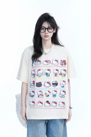 Cute Kitty Cat Graphic Black Short Sleeve T-Shirt for Women - Summer Heavy Loose Fit, Casual Style, Perfect for Y2K Fashion