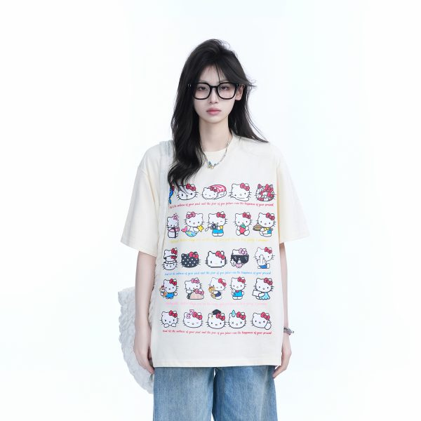 Cute Kitty Cat Graphic Black Short Sleeve T-Shirt for Women - Summer Heavy Loose Fit, Casual Style, Perfect for Y2K Fashion