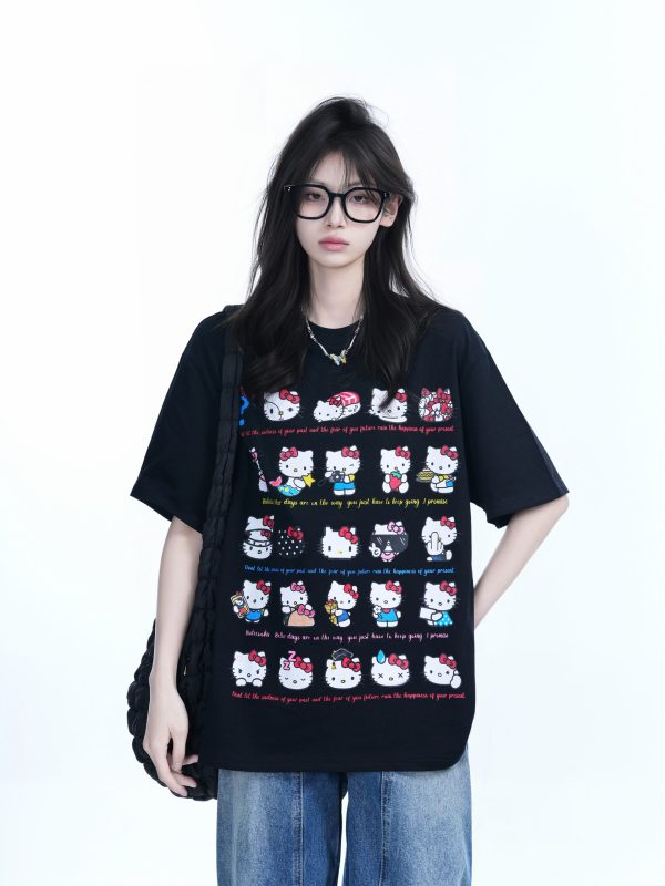 Cute Kitty Cat Graphic Black Short Sleeve T-Shirt for Women - Summer Heavy Loose Fit, Casual Style, Perfect for Y2K Fashion