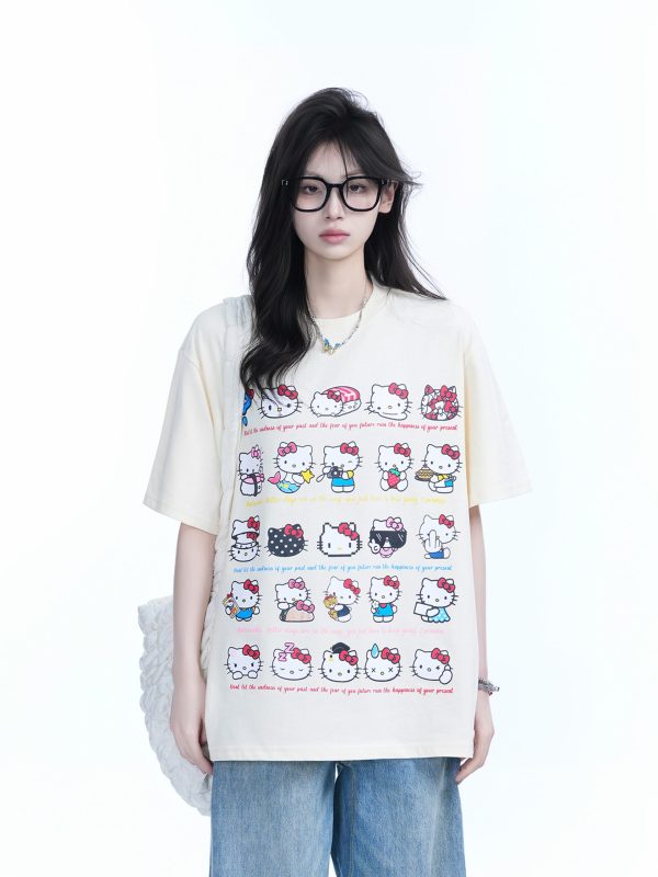 Cute Kitty Cat Graphic Black Short Sleeve T-Shirt for Women - Summer Heavy Loose Fit, Casual Style, Perfect for Y2K Fashion