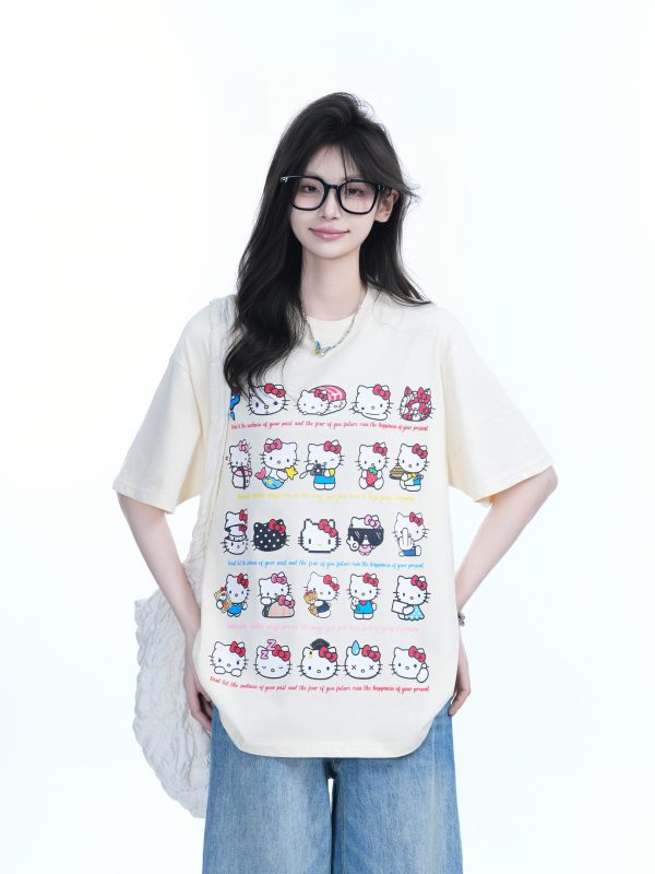 Cute Kitty Cat Graphic Black Short Sleeve T-Shirt for Women - Summer Heavy Loose Fit, Casual Style, Perfect for Y2K Fashion
