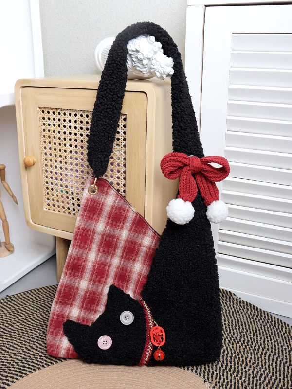 Cute Plush Cat Tote Bag - Red Series New Year Birthstone Lucky Shoulder Crossbody Bag for Y2K and Korean Style Fashion