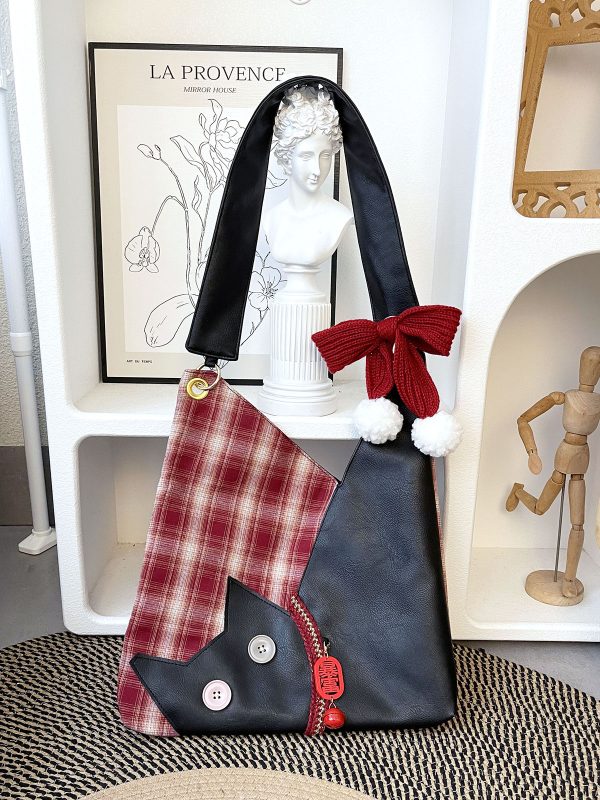 Cute Plush Cat Tote Bag - Red Series New Year Birthstone Lucky Shoulder Crossbody Bag for Y2K and Korean Style Fashion