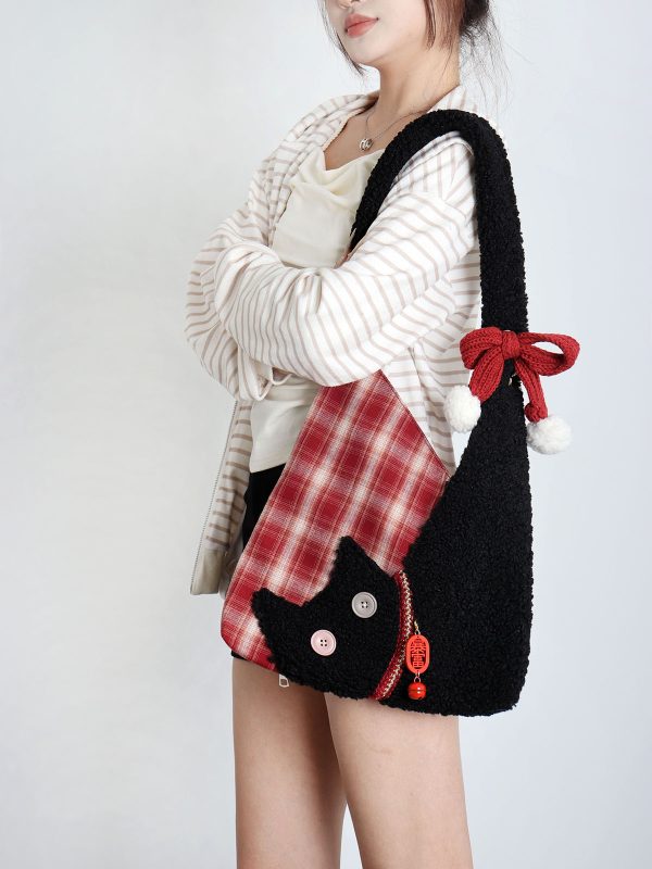 Cute Plush Cat Tote Bag - Red Series New Year Birthstone Lucky Shoulder Crossbody Bag for Y2K and Korean Style Fashion