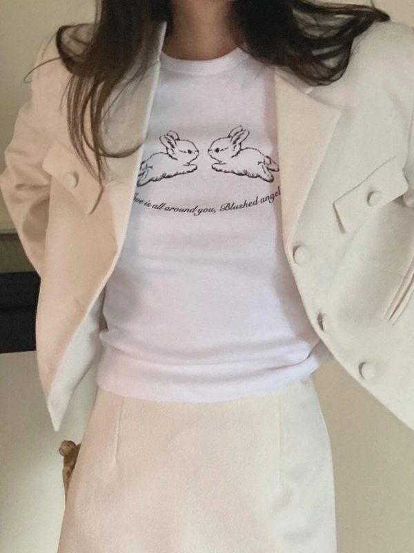Cute Rabbit Print Slim Fit Short Sleeve Cotton T-Shirt for Women - Korean Niche Design, Heavyweight Fabric, Trendy Style